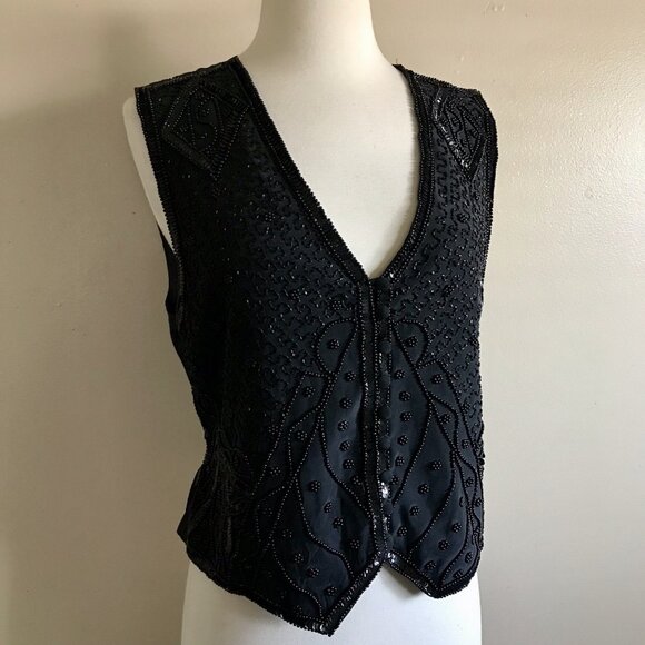 Vintage 90s Spencer‎ Jeremy Black Beaded Sequin Silk Vest - Size M - Picture 2 of 8